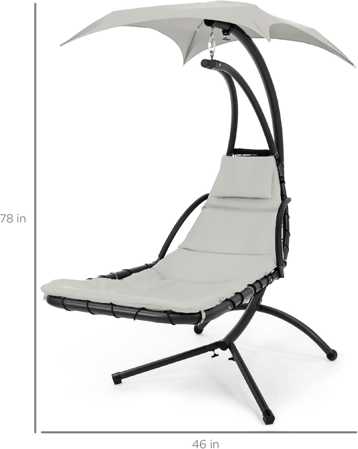 Best Choice Products Hanging Curved Chaise Lounge Chair Swing for Backyard, Patio w/ Pillow, Shade, Stand - White Sand