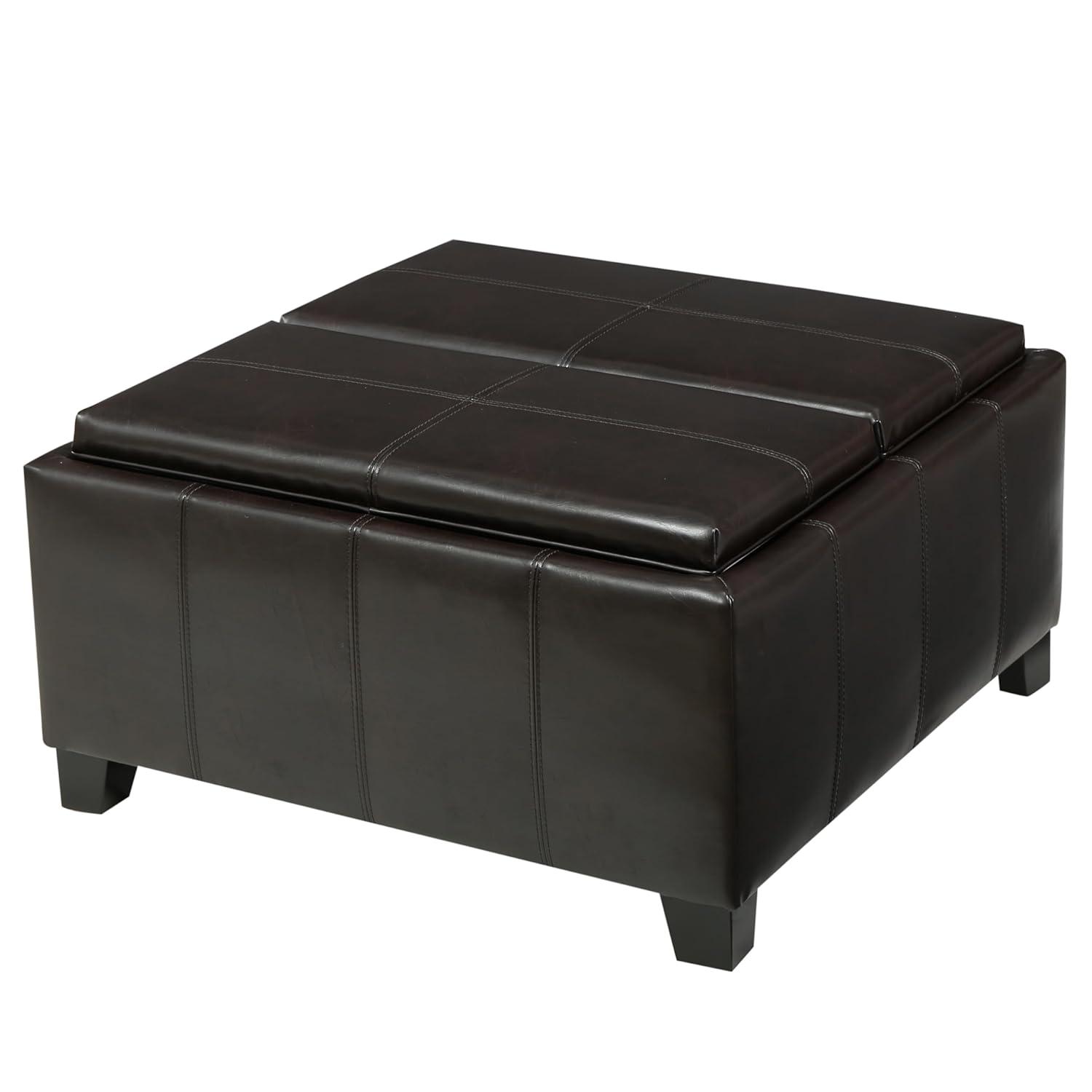 Mansfield Faux Leather Tray Top Storage Ottoman - Brown - Christopher Knight Home: Square Upholstered Bench with Wood Frame
