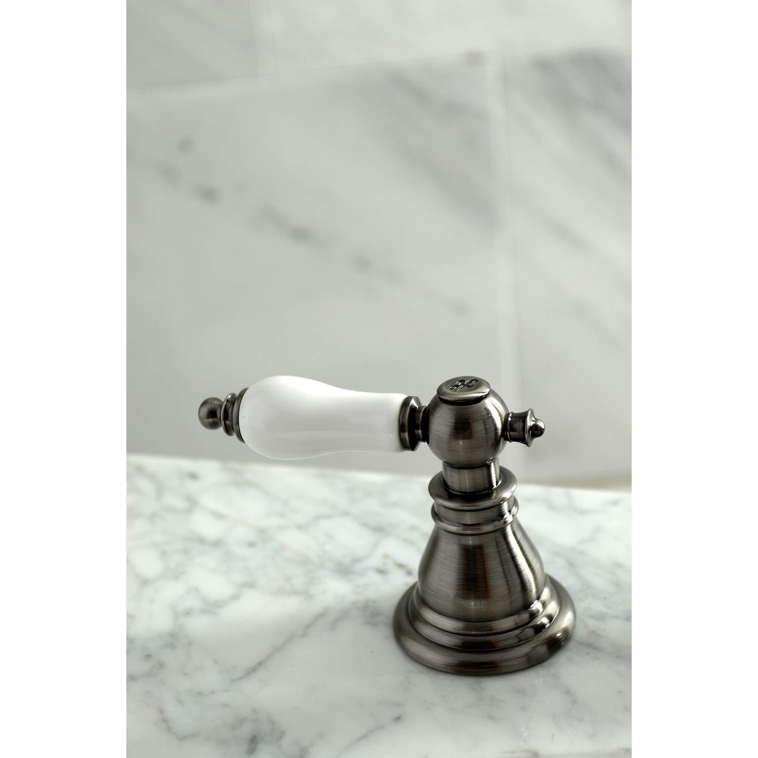 Kingston Brass American Patriot Two-Handle 3-Hole Deck Mount Widespread Bathroom Faucet with Brass Pop-Up Drain
