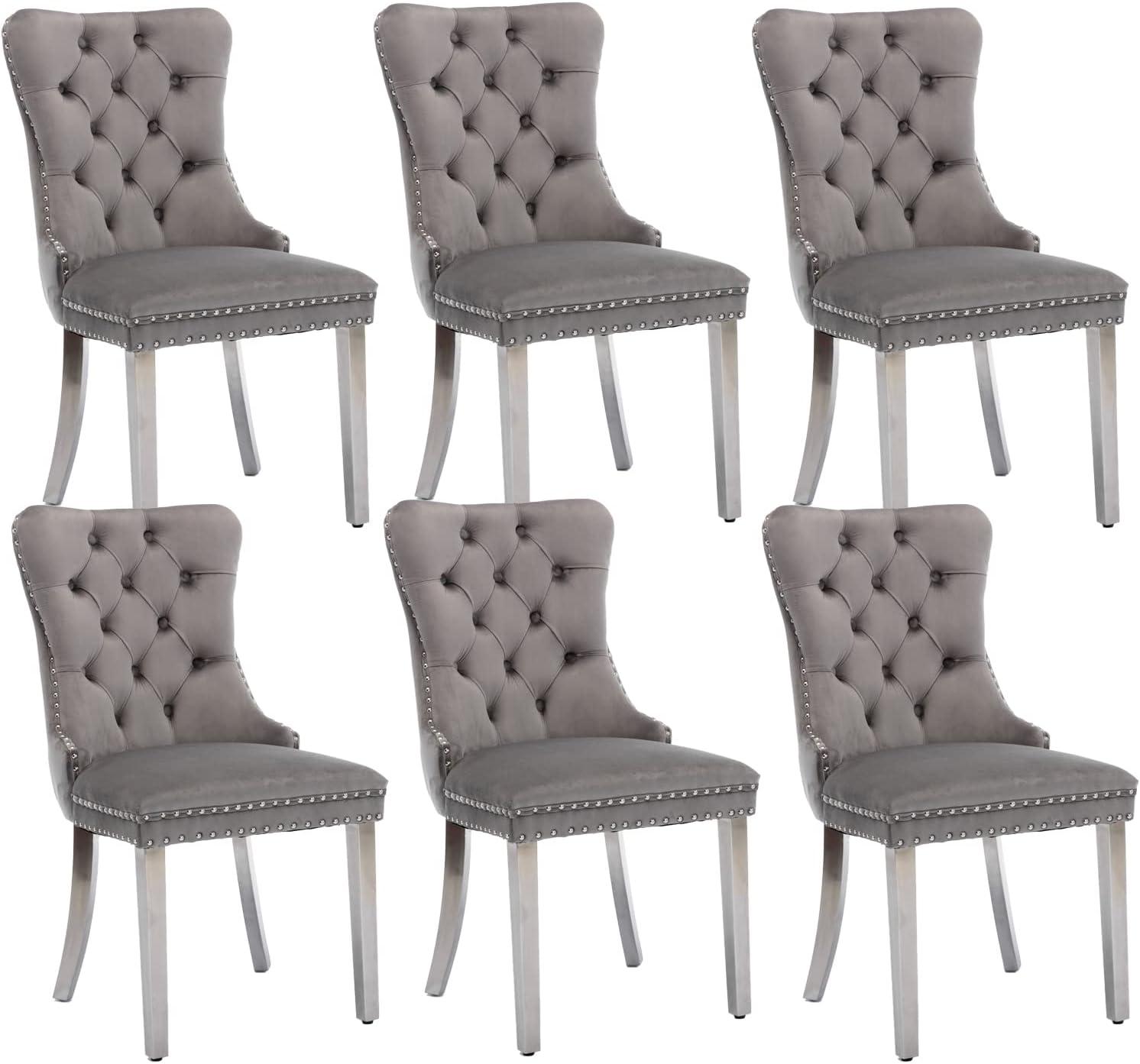 ODUSE-DAILY Grey Velvet Dining Chairs Set of 6, Kitchen & Dining Room Chairs, Sillas De Comedor, Nailheads Tufted, Fabric Upholstered, Solid Wood Frame (Gray, 6 Pcs)