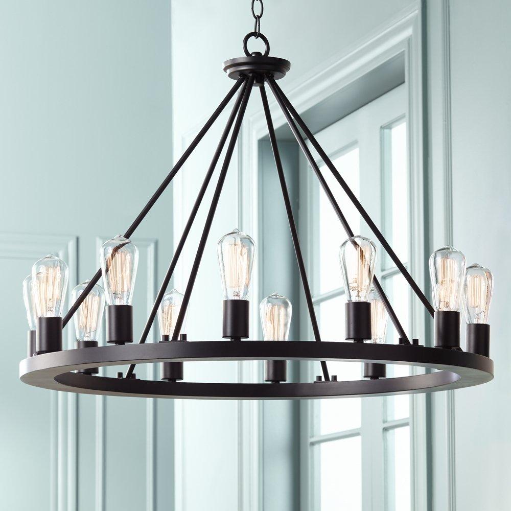 Franklin Iron Works Lacey Black Wagon Wheel Chandelier 28" Wide Industrial 12-Light LED Fixture for Dining Room House Foyer Kitchen Island Entryway
