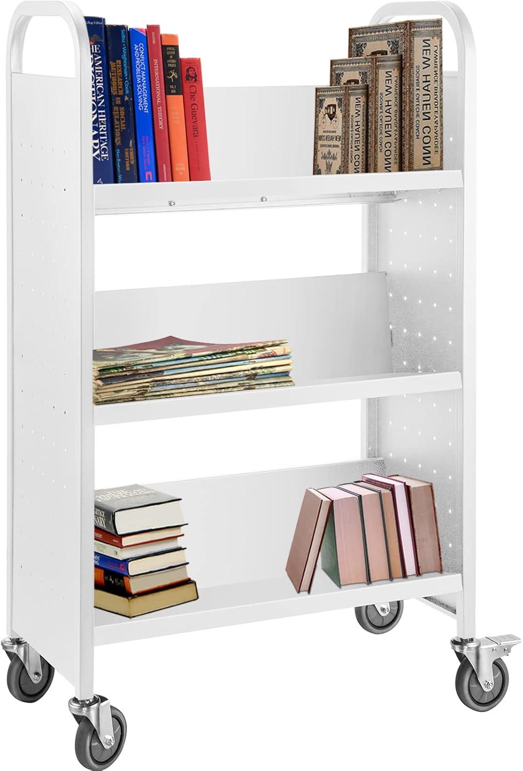 White Alloy Steel Rolling Book Cart with Built-In Shelf