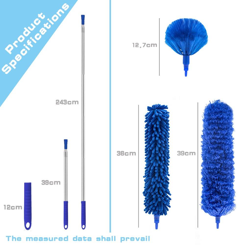 Microfibre Duster with 100" Telescopic Extension Pole Kit for High Ceilings, Cleaning Fan Cobweb, Reusable and Washable Lightweight for Ceiling Fan Webs, Blinds