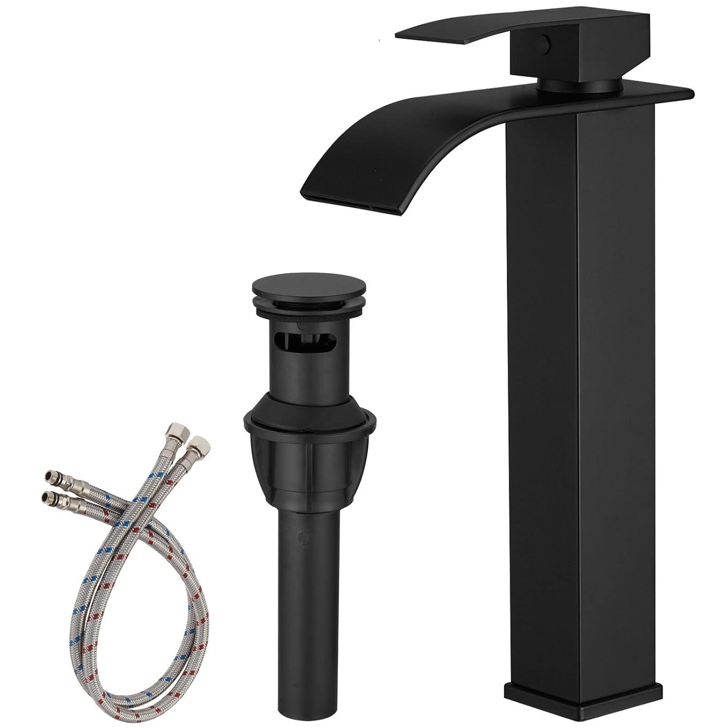 Waterfall Bathroom Faucet Single Handle，Bathroom Sink Faucet 1 Hole，Waterfall Faucet for Bathroom Sink，Vessel Sink Faucet Matte Black Tall Bathroom Faucet