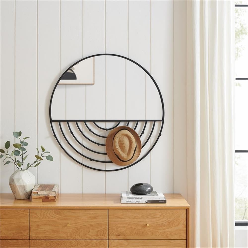 Round Black Metal Wall Mirror with Jewelry Hooks