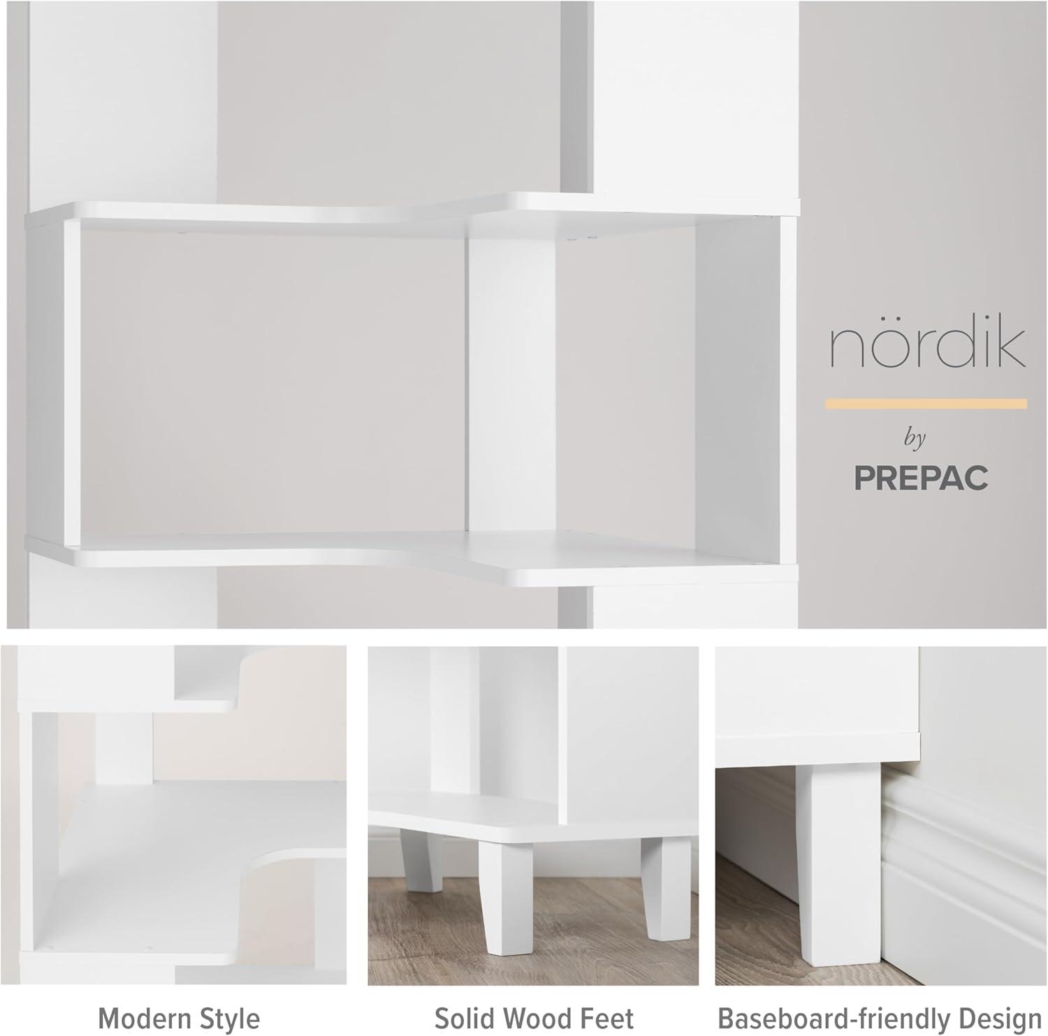 Prepac Nordik 6-Tier White Modern Mid Century Corner Bookcase, 71.5" Extra Tall White Corner Shelf with Storage, Multifunctional Freestanding Bookshelf for Home Office, Living Room, Bedroom