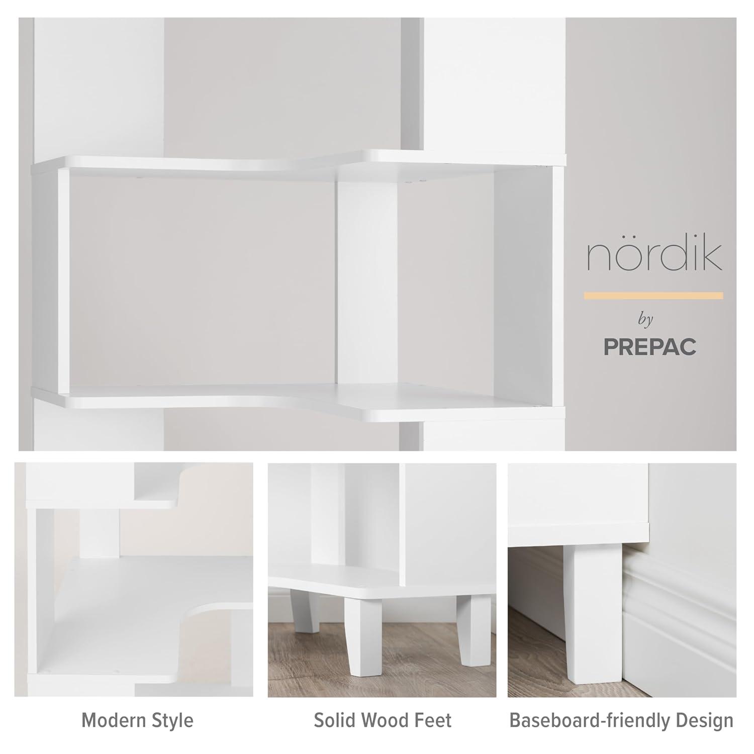 Prepac Nordik 6-Tier White Modern Mid Century Corner Bookcase, 71.5" Extra Tall White Corner Shelf with Storage, Multifunctional Freestanding Bookshelf for Home Office, Living Room, Bedroom