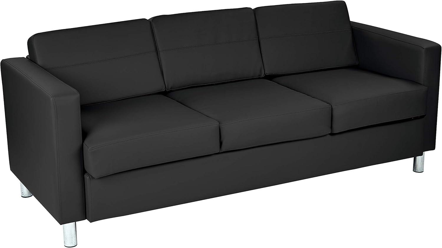 Modern Pacific Black Faux Leather Sofa with Silver Finish Legs