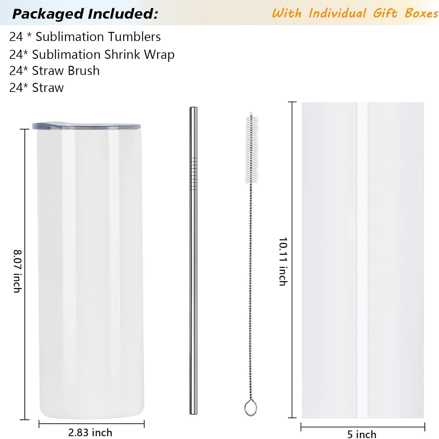 24 Pack Sublimation Tumblers Bulk 20 oz Skinny Straight, Sublimation Blanks Double Wall Stainless Steel Skinny Tumbler with Lid and Straw, Shrink Wrap Film, Individually Boxed, for Heat Press Machine