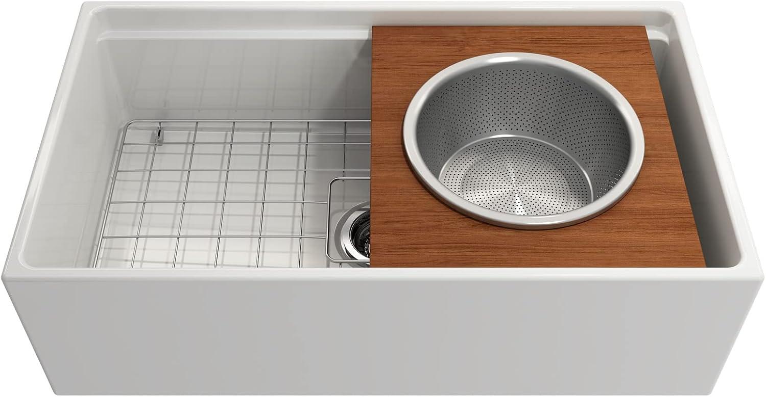 BOCCHI Wood Board With Large Round Stainless Steel Mixing Bowl And Colander F/1344, 1348, 1360, 1362, 1504, 1505, 1506 (Short Side Only), 1627, 1628