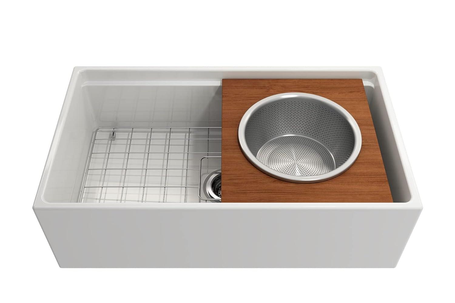 BOCCHI Wood Board With Large Round Stainless Steel Mixing Bowl And Colander F/1344, 1348, 1360, 1362, 1504, 1505, 1506 (Short Side Only), 1627, 1628