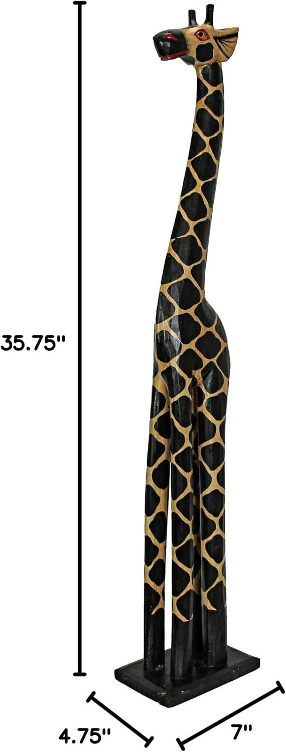 Hand-Carved 36-Inch Tall Black and Beige Wooden Giraffe Statue