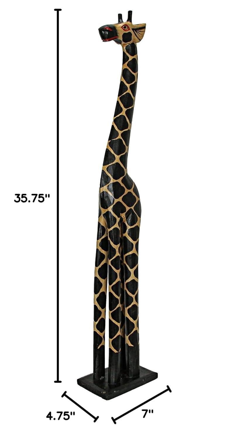 Hand-Carved 36-Inch Tall Black and Beige Wooden Giraffe Statue