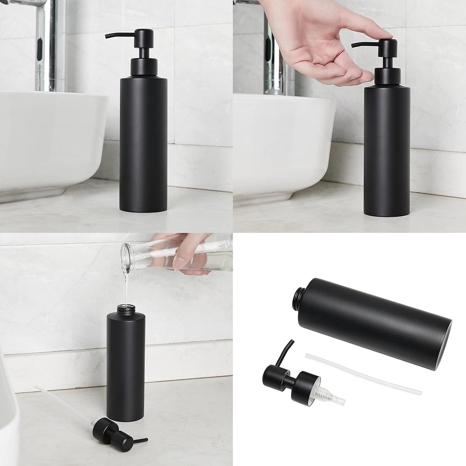 KLZO Soap Dispenser, Matte Black with Funnel and Non-Slip Coaster 304 Stainless Steel Metal Pump Hand Sanitizer Bottle for Bathroom, and Kitchen (12oz/350ml)