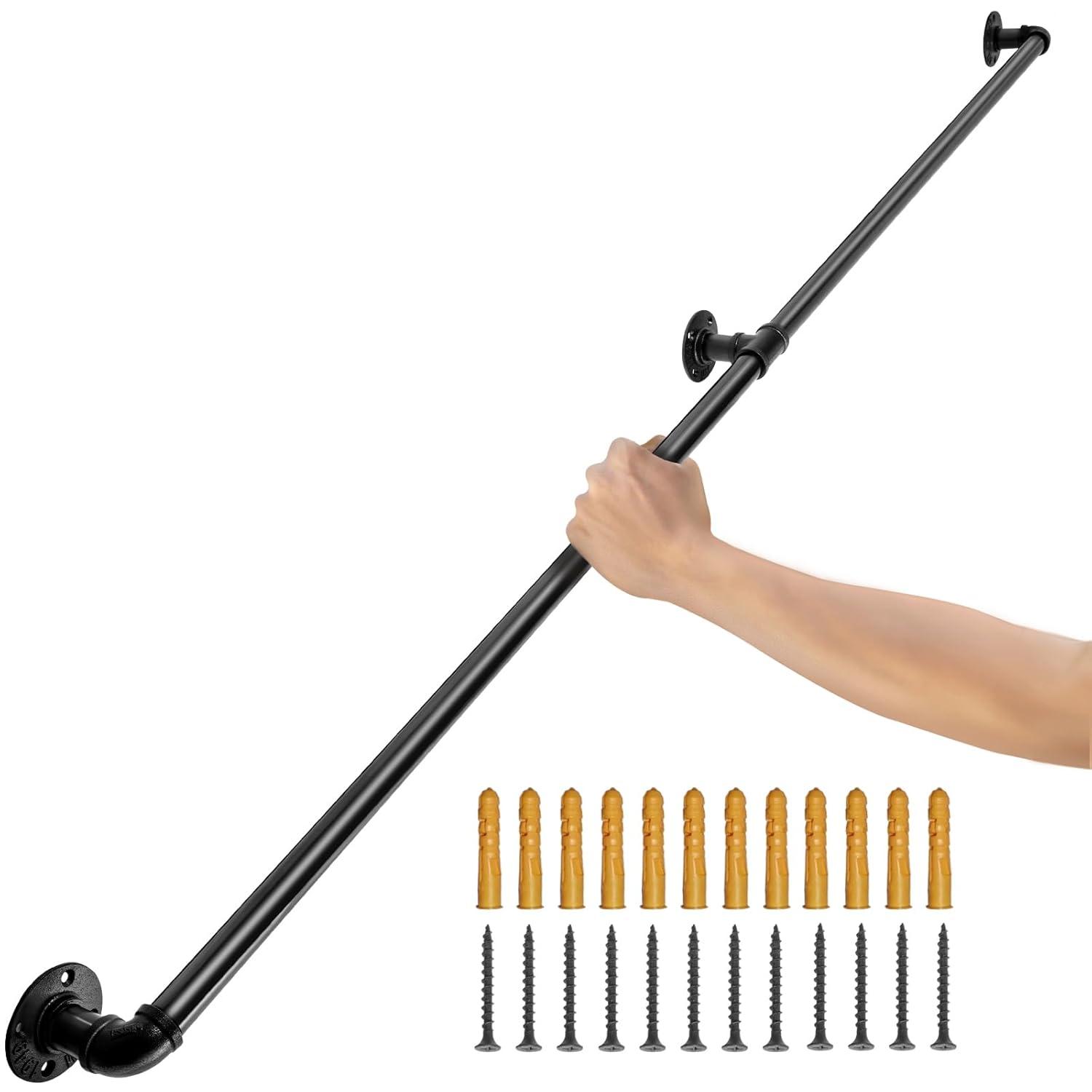 6 ft. Pipe Stair Handrail 440 lbs. Load Capacity Wall Mounted Handrail Round Corner Handrails for Outdoor Steps in Black