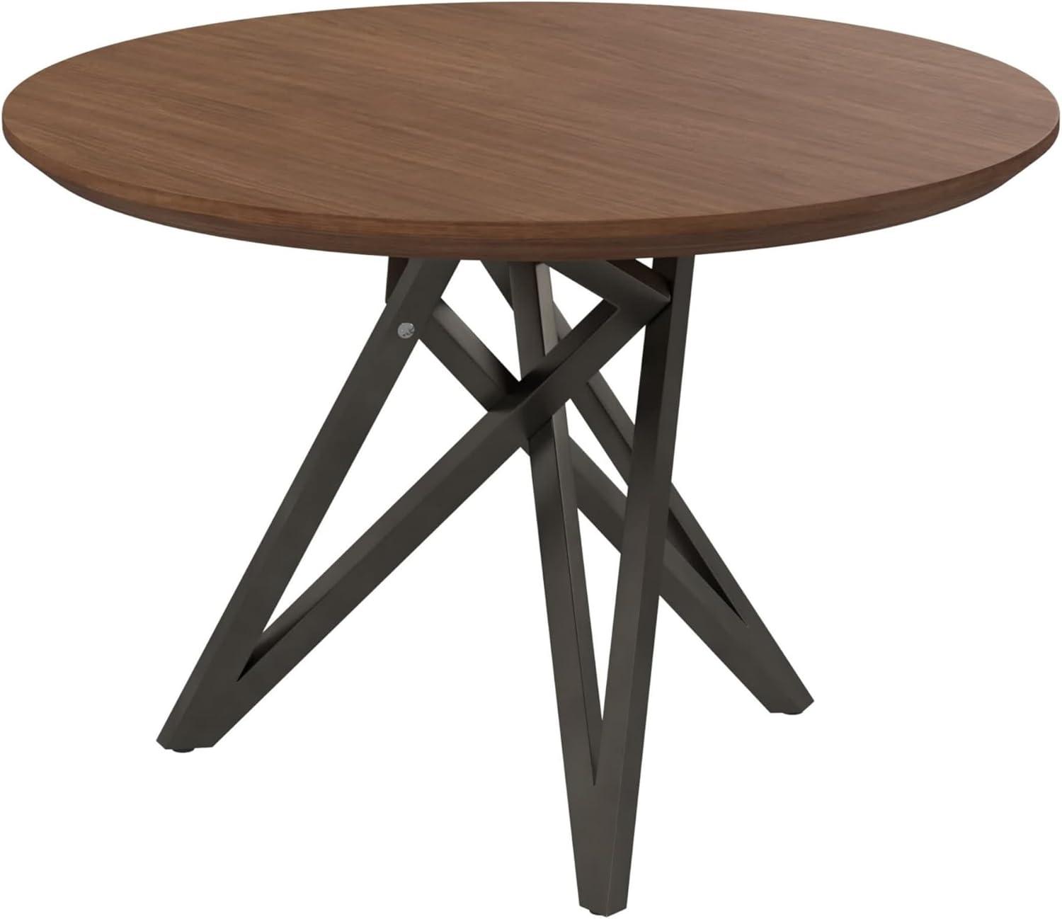 Benjara Kimya 47 Inch Dining Table, Round Wood Top, Angled Steel Legs, Brown, Black