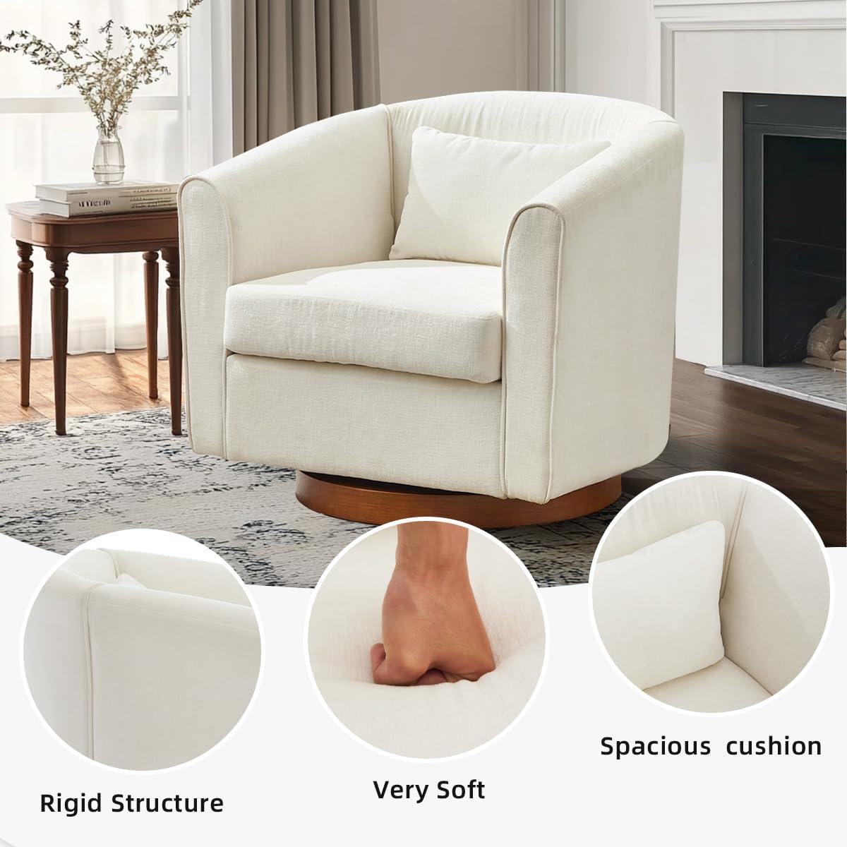 360° Swivel Accent Chair, Chenille Upholstered Armchair Barrel Chair with One Waist Pillow and Wood Base, Comfy Reading Chair for Living Room Bedroom