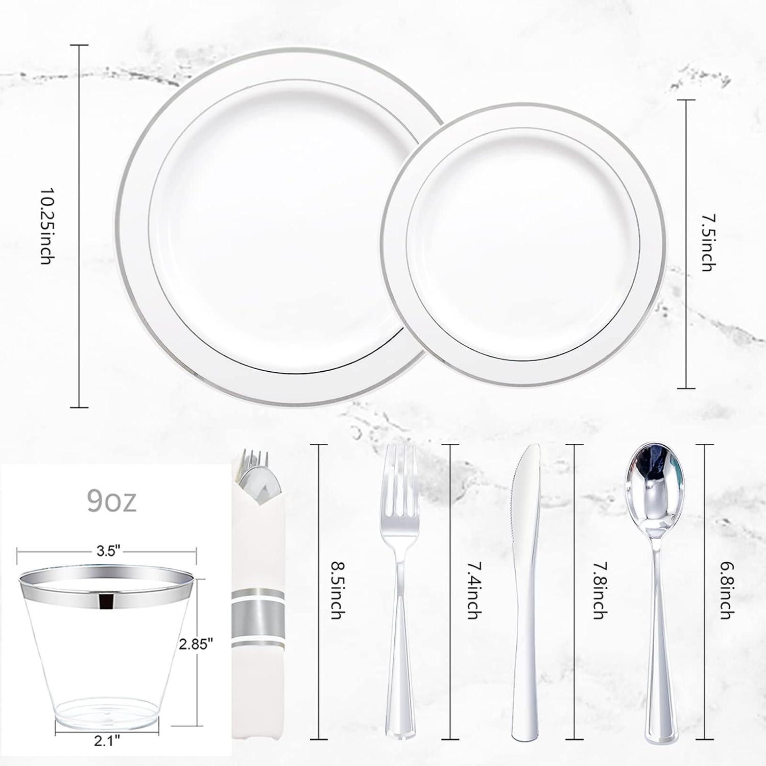 Elegant Silver Rimmed Disposable Plastic Dinnerware Set, 350 Pieces