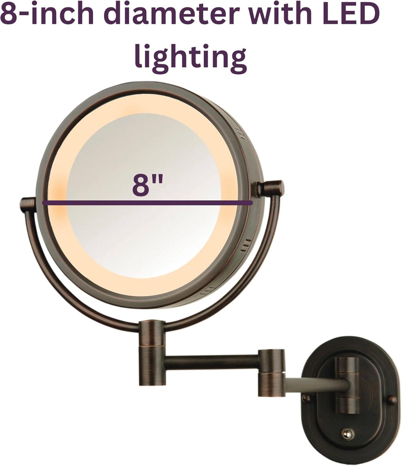 Jerdon HL65BZ 8-Inch Lighted Wall Mount Makeup Mirror with 5x Magnification, Bronze Finish