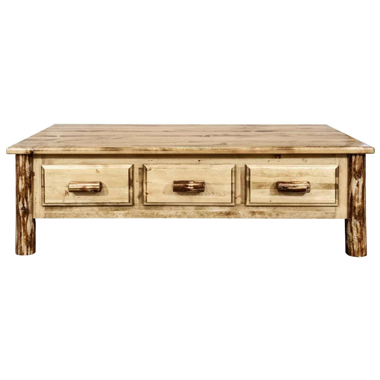 Rustic Pine Solid Wood Rectangular Coffee Table with Storage