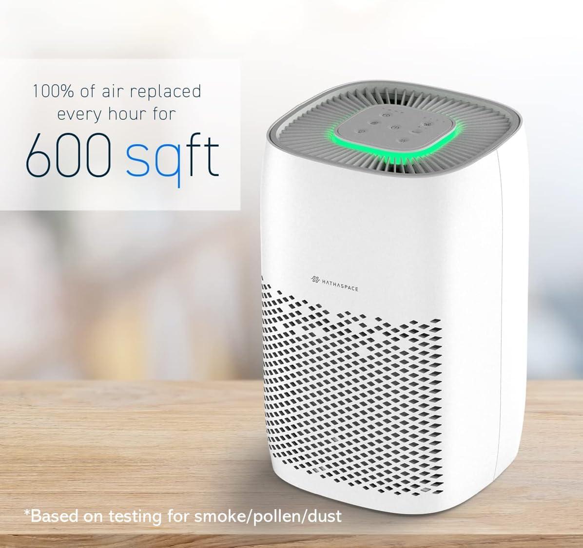 HATHASPACE HSE600 True HEPA Air Purifier for Home, Removes 99.9% of Dust, Smoke, Pet Dander, Odors, VOCs, Covers Up to 600 Sq. Ft, Quiet Air Cleaner with Smart Sensor for Bedroom & Large Rooms