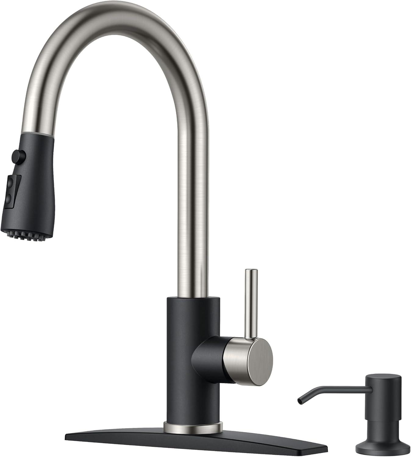 FORIOUS Kitchen Faucets, Brushed Nickel Kitchen Faucet with Pull Down Sprayer, High Arc Single Handle Stainless Steel Sink Faucets 1 or 3 Hole, Kitchen Sink Faucets for Farmhouse Camper Laundry Rv Bar