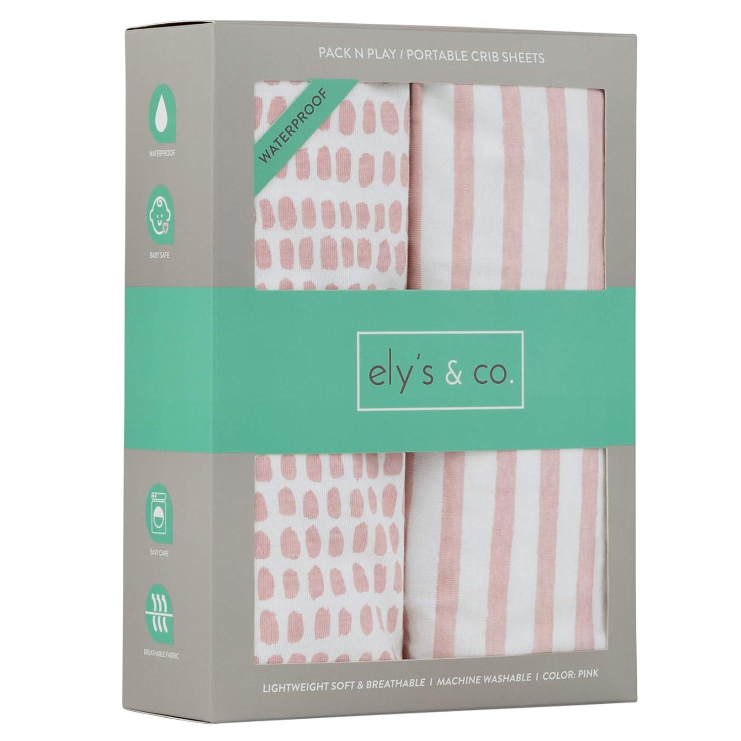 Ely's & Co. Baby Fitted Waterproof Crib Sheet  100% Combed Jersey Cotton  Mauve Pink Stripes & Splash 2 Pack