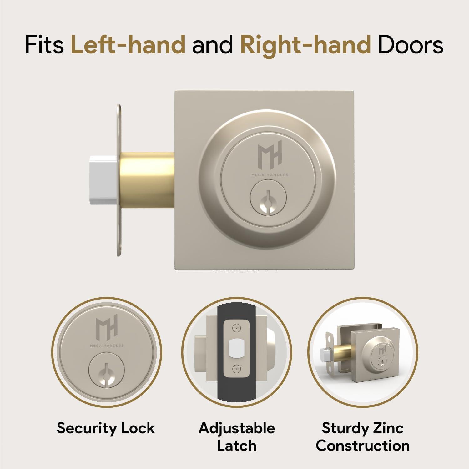 Mega Handles - SUANA Deadbolt I Entrance Deadbolt Lock - Heavy Duty Square Locking Deadbolt for Left or Right-Handed Doors - Interior/Exterior - Satin Nickel