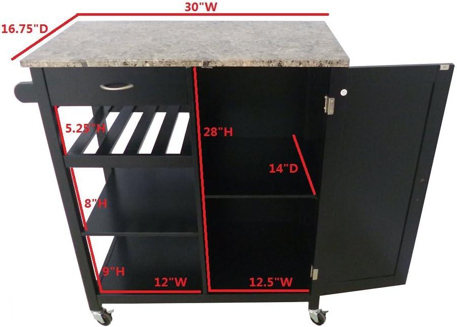 Black Wood Kitchen Cart with Marble Finish Top and Storage