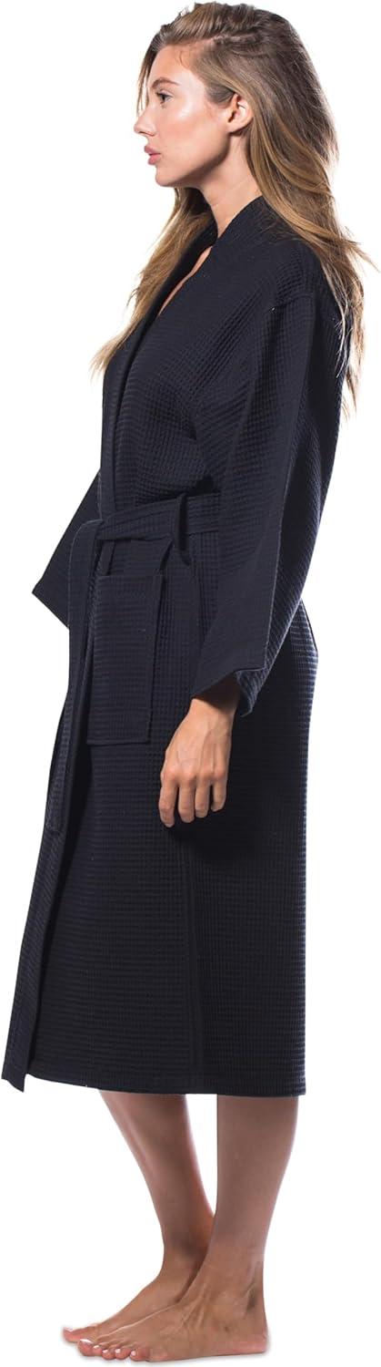 Turquaz Linen Lightweight Long Waffle Kimono Unisex Spa Robe (One Size, Black)