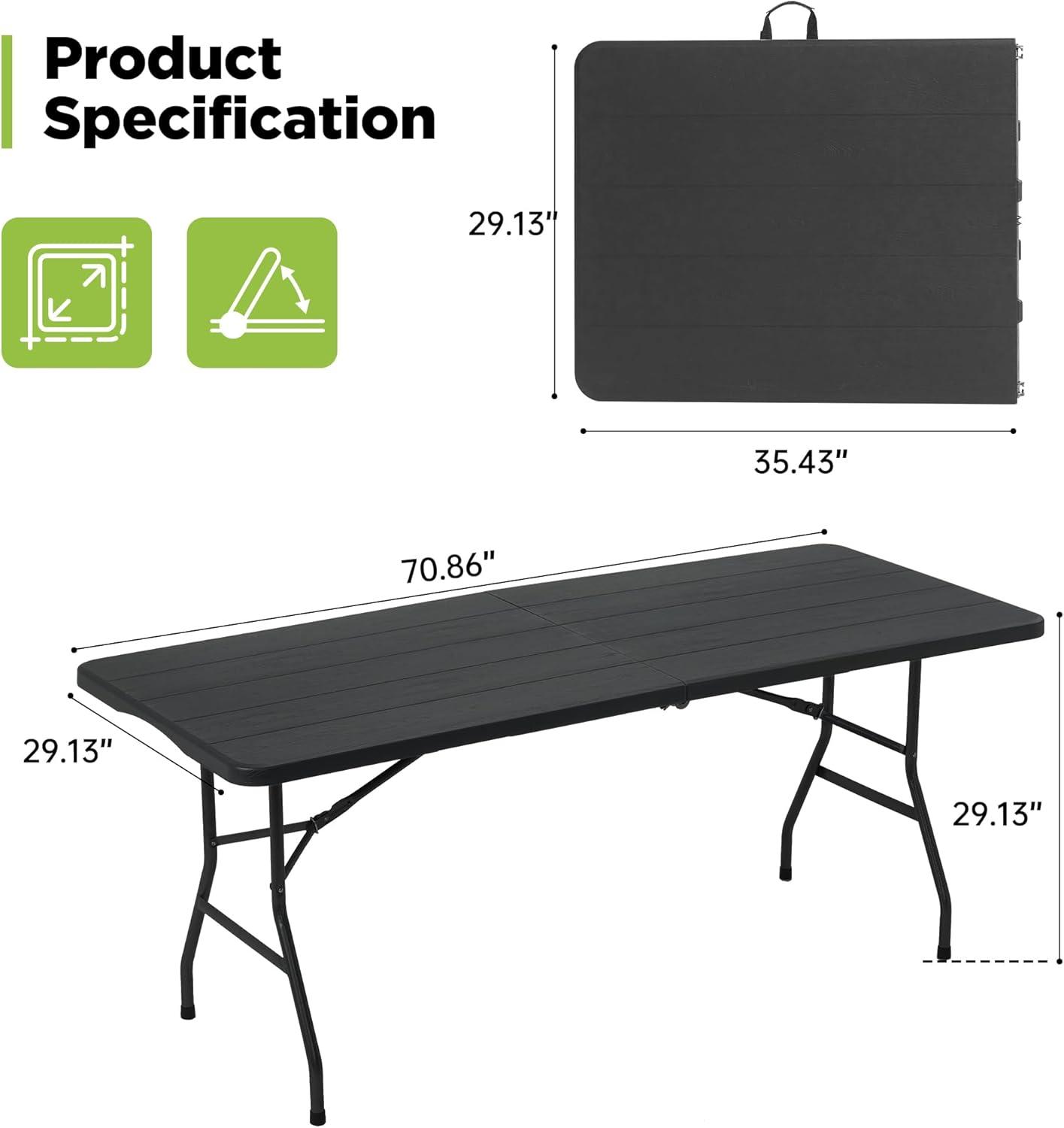 Real Relax 6FT Folding Table, Portable Picnic Table, with Handle and Lock for Indoor, Outdoor, Camping, Party, Banquet, Backyard Events, Black Wood Grain