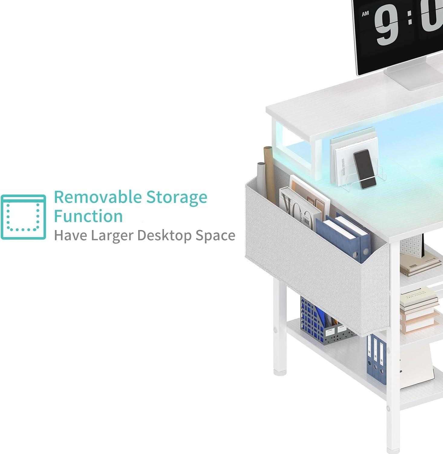 Lufeiya White Desk with Storage Shelves - 47 inch Home Office Gaming Desk with Monitor Stand, Computer Desk with LED Lights and Power Outlets, White