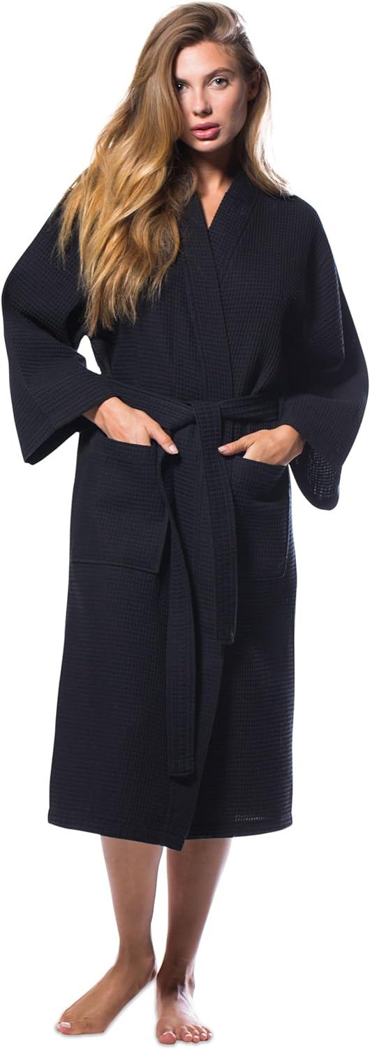 Turquaz Linen Lightweight Long Waffle Kimono Unisex Spa Robe (One Size, Black)