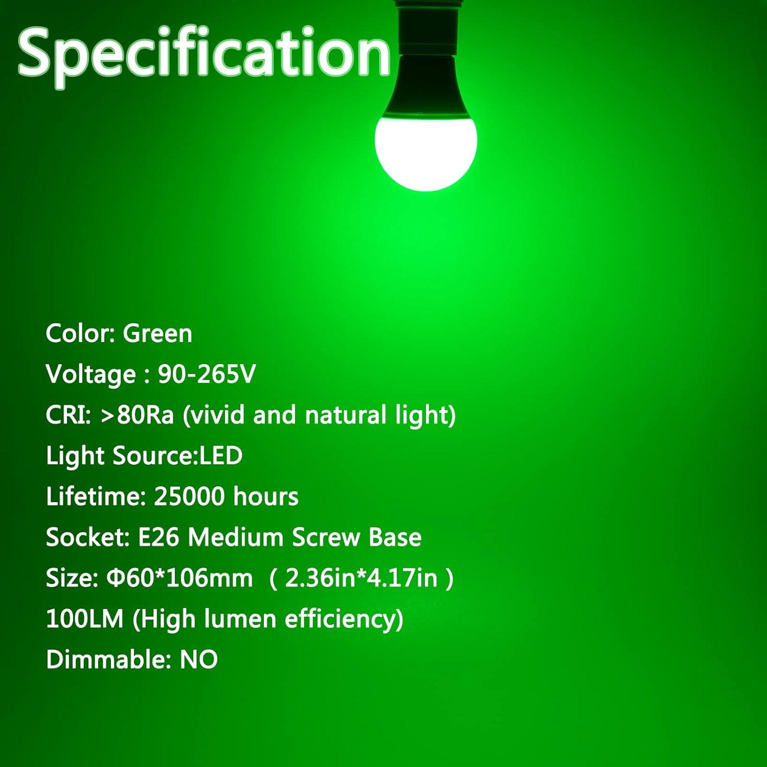 EDISHINE Green LED Light Bulbs for Holiday Party Decoration, A19 9W LED Bulbs 60W Equivalent E26 Base 4 Pack, ETL Listed