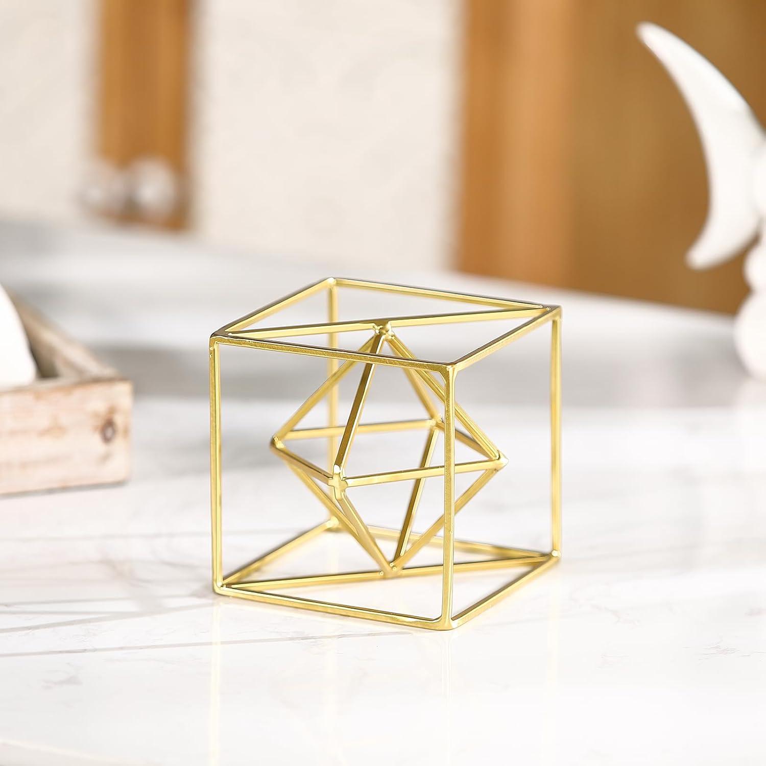 2024 Gold Metal Geometric Orb Sculpture - 4.72" Modern Square Abstract Decor for Home & Office