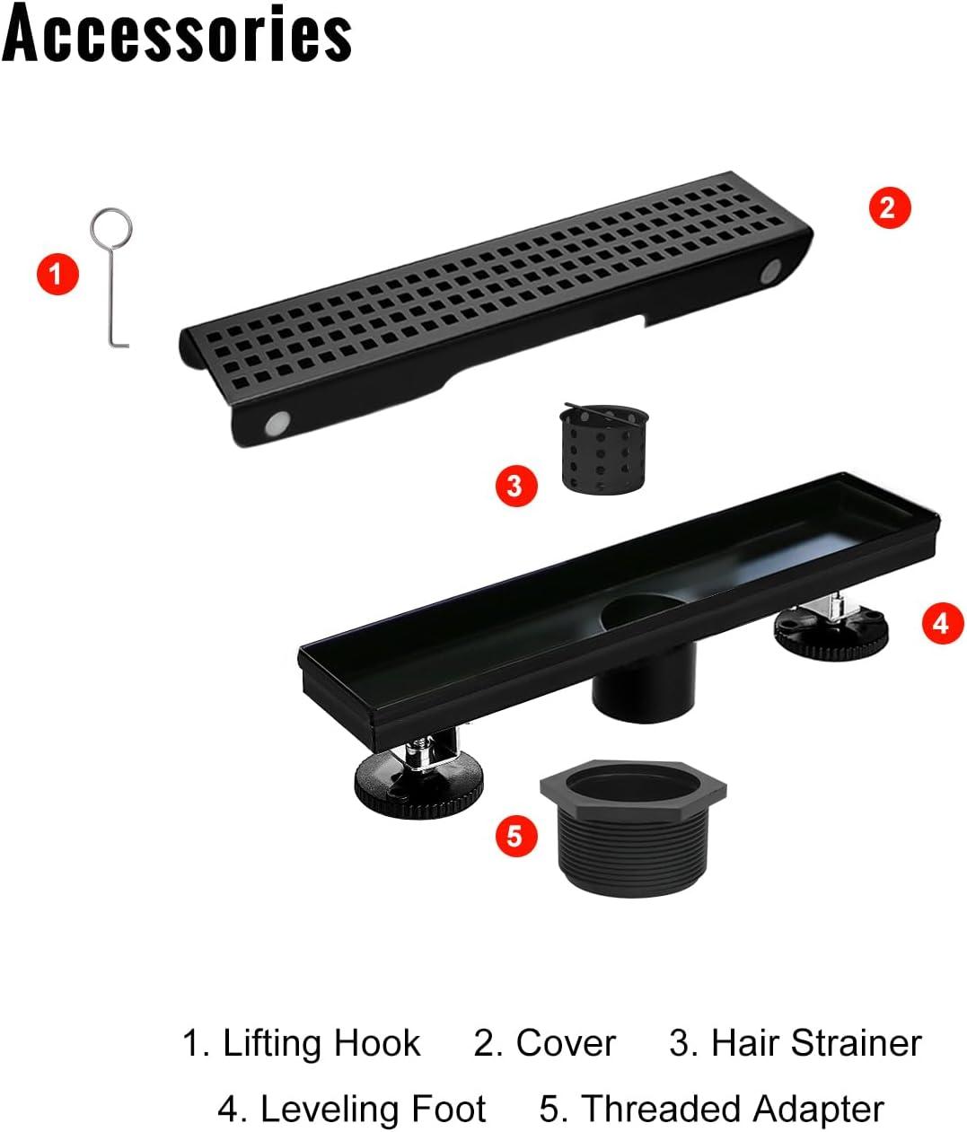 Black Shower Drain, Linear Shower Drain 12 Inch with Square Hole Panel, Matte Black Linear Drain with Hair Strainer and Leveling Feet