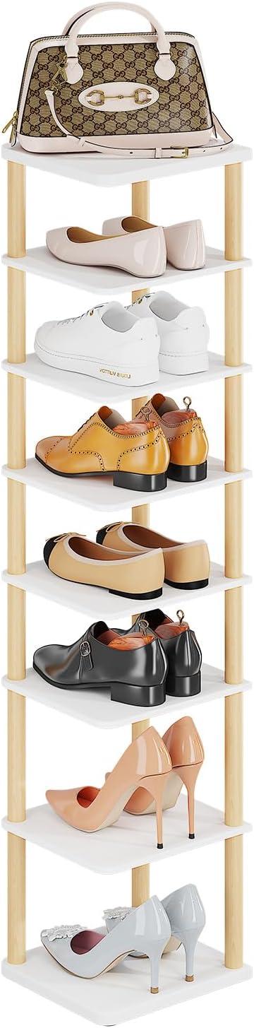 LUCKNOCK Vertical Shoe Rack, 8-Tier Tall Narrow Shoe Organizer for Entryway, Closet, Dorm & Small Spaces, Freestanding White Wooden Shoe Shelf Tower for Boots, Sneakers, Heels.