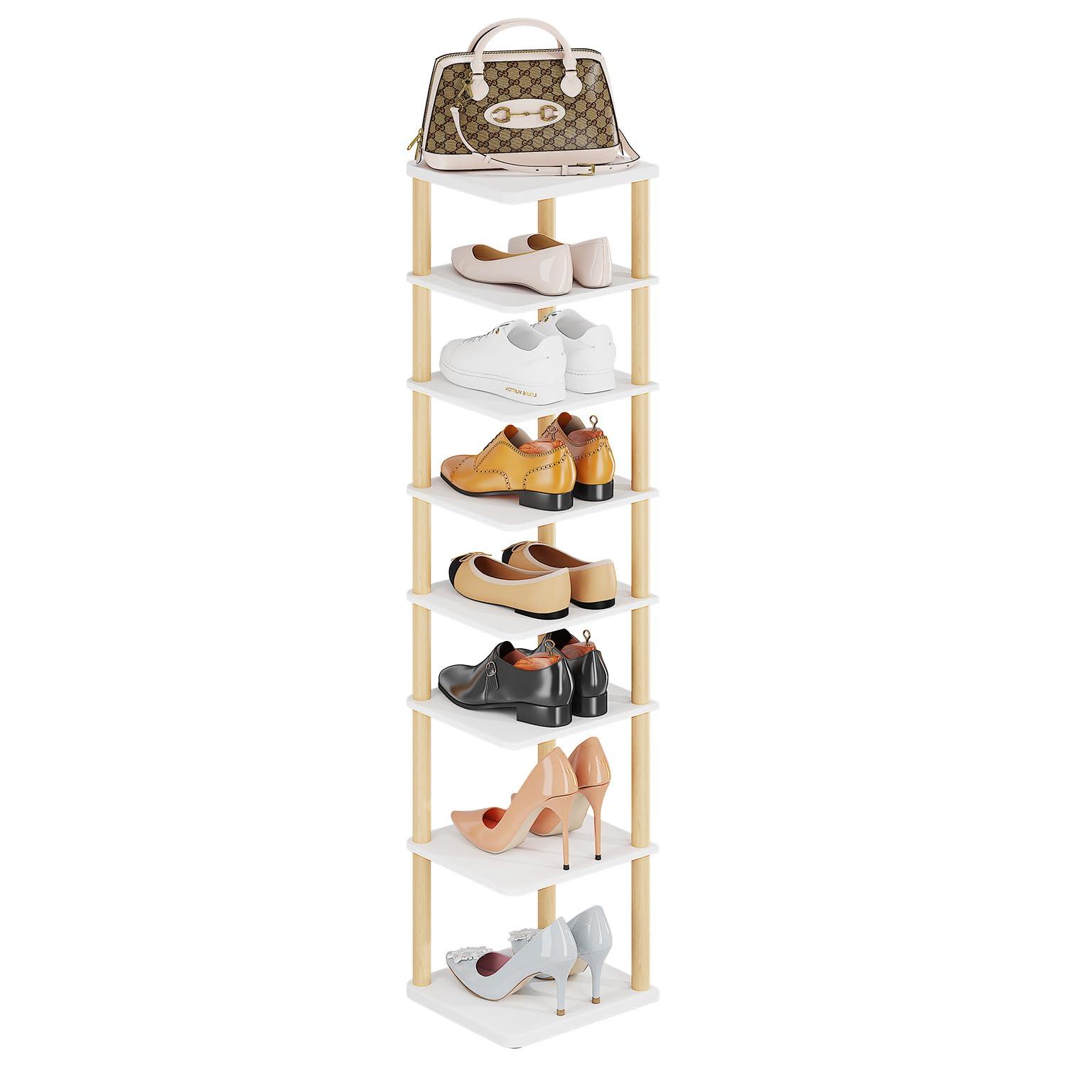 LUCKNOCK Vertical Shoe Rack, 8-Tier Tall Narrow Shoe Organizer for Entryway, Closet, Dorm & Small Spaces, Freestanding White Wooden Shoe Shelf Tower for Boots, Sneakers, Heels.