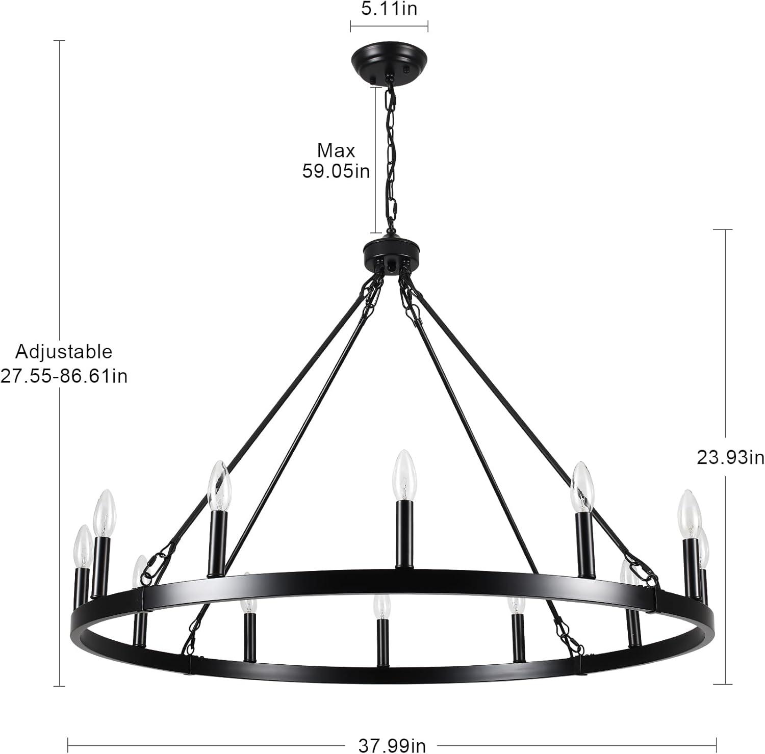 Black Metal 12-Light Outdoor Wagon Wheel Chandelier