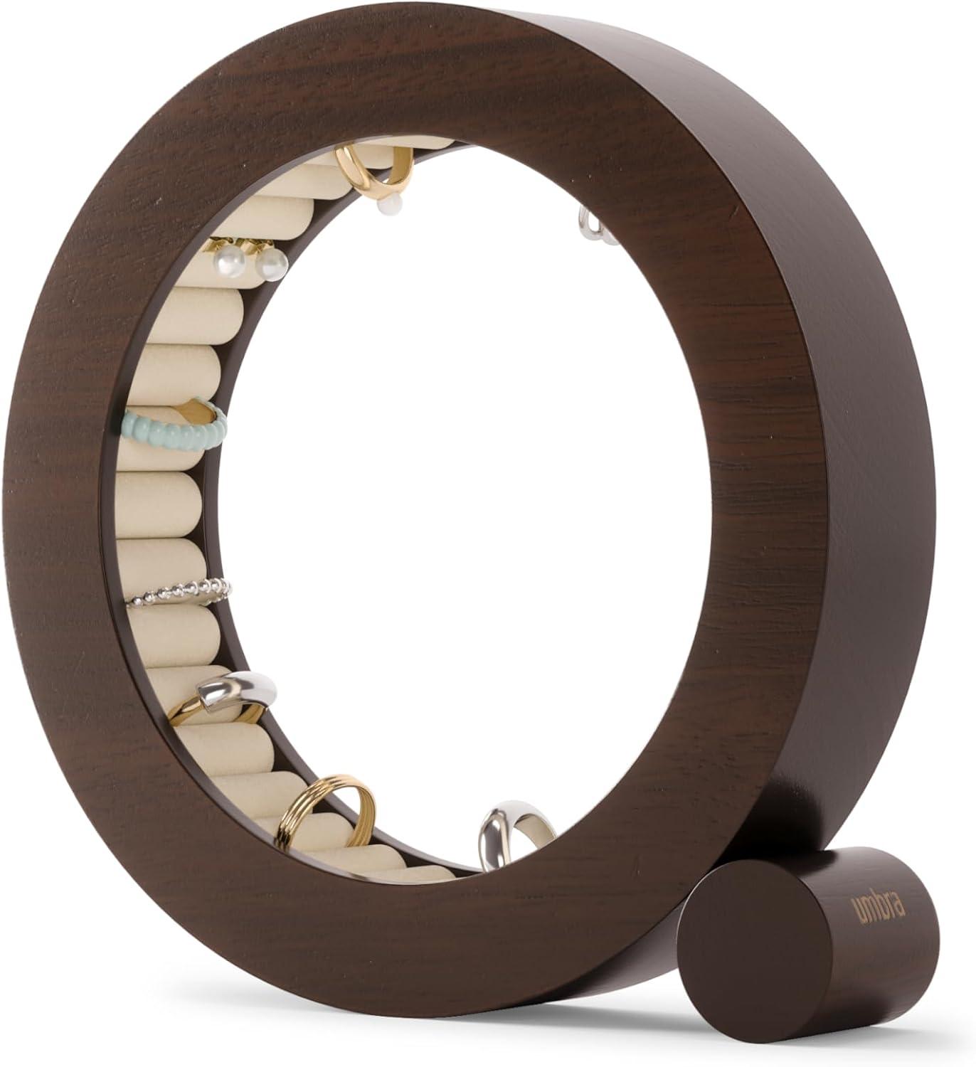 Walnut Wood Circular Jewelry Organizer with Velvet Padding