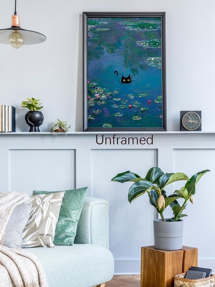 Black Cat Wall Art Monet Canvas Prints Vintage Famous Oil Paintings Funny Cat in Water Lilies Posters Room Decor For Bedroom Living Room Bathroom Aesthetic Wall Decor 12x16in Unframed