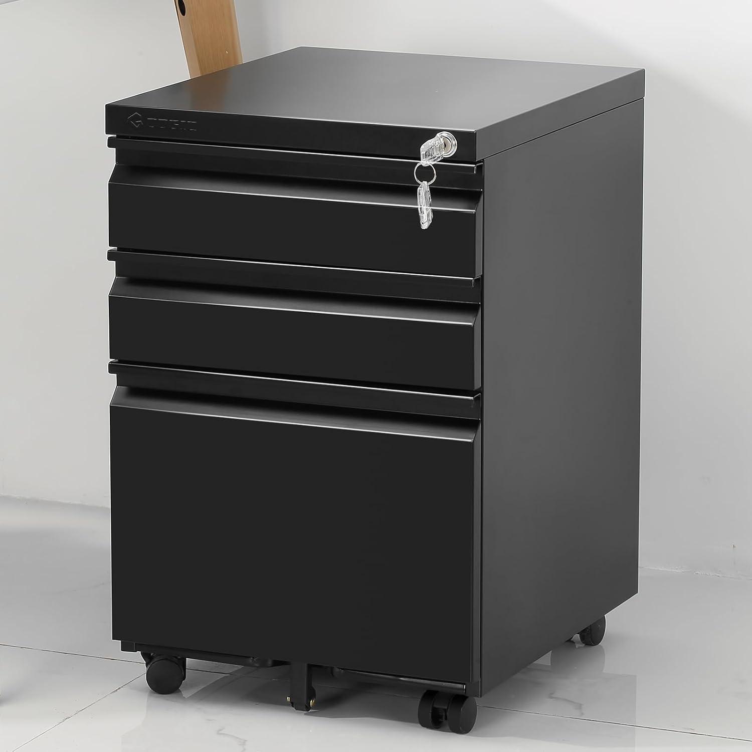 MIIIKO File Cabinet 3 Drawers on Wheels Under Desk, Black Metal Rolling File Cabinets with Lock for Home Office, Un-Assembled Filing Cabinet with Lock