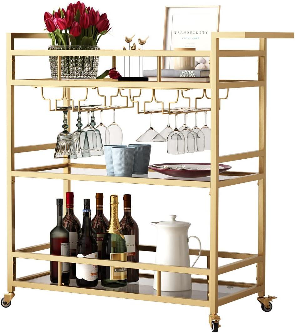 Bar Cart Gold with Bottle Storage and Wine Glass, Rolling Serving Bar Cart on Wheels Indoor & Outdoor, Patio, Gold Kitchen Serving Cart for Party(3-Tier)