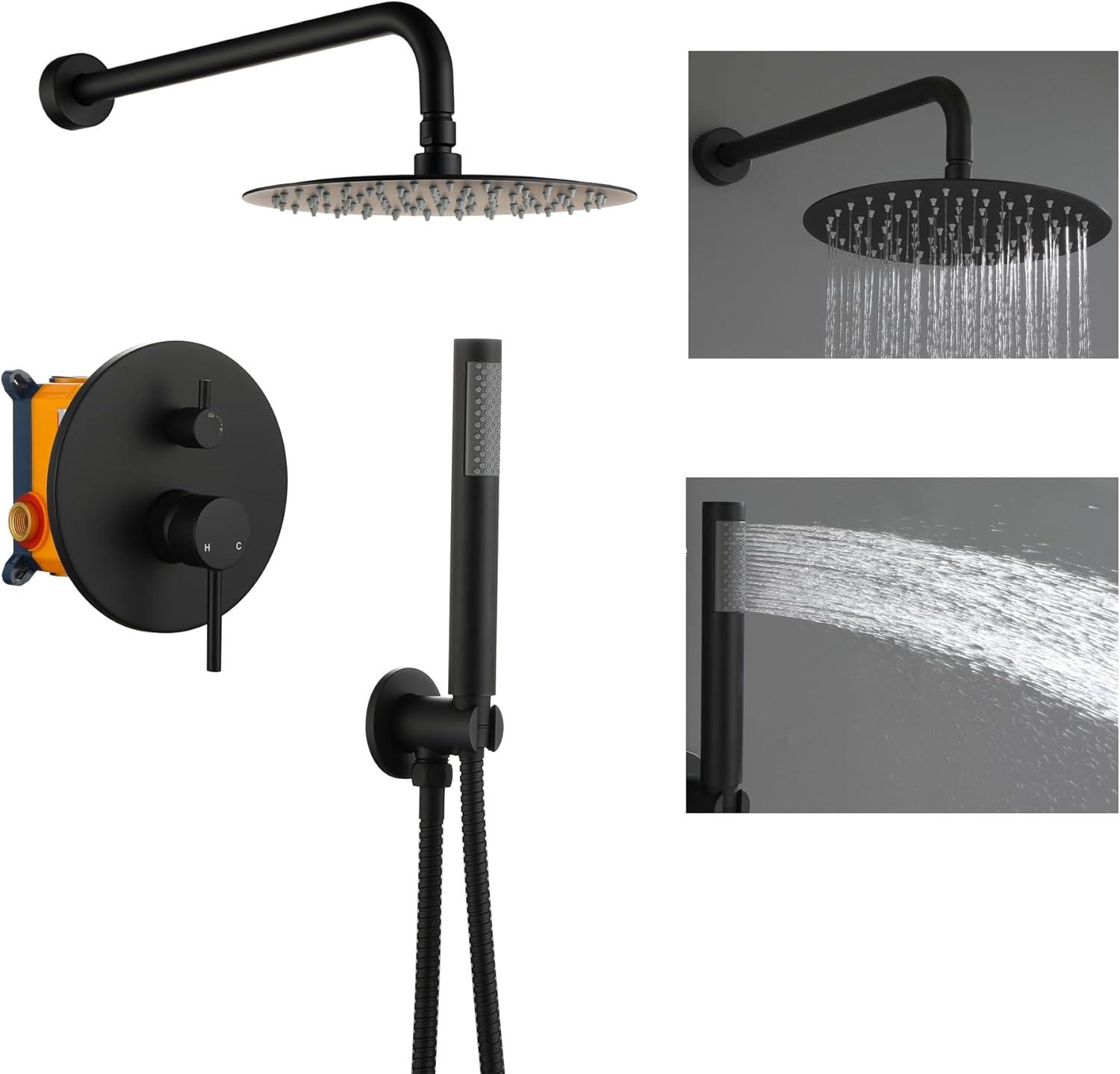 High-Pressure Shower System with 10 Inch Round Rain Shower Head and Handheld Wall Mounted, Shower Faucet Set Combo Set with 2 in 1 Handheld Showerhead for Bathroom, Matte Black