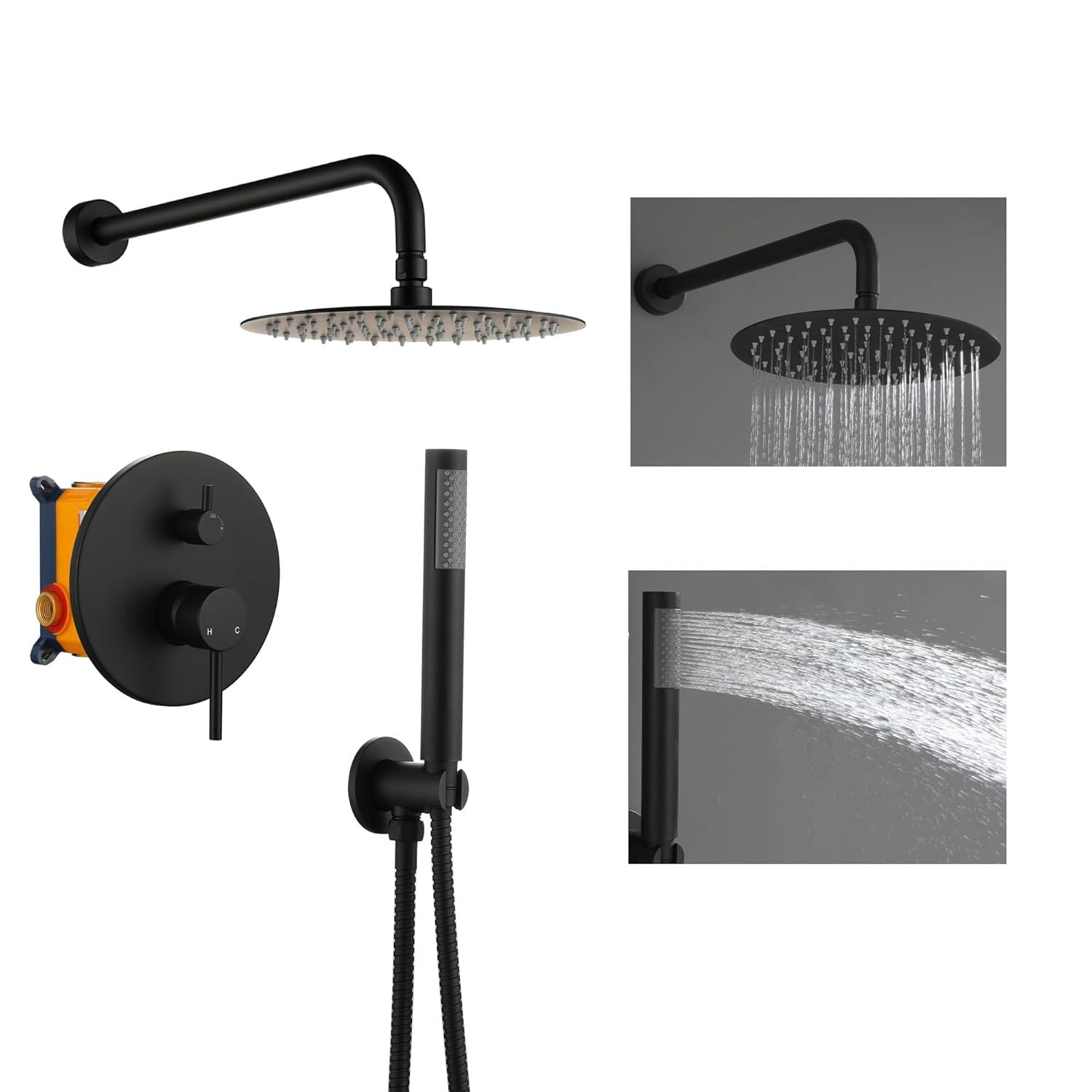 High-Pressure Shower System with 10 Inch Round Rain Shower Head and Handheld Wall Mounted, Shower Faucet Set Combo Set with 2 in 1 Handheld Showerhead for Bathroom, Matte Black