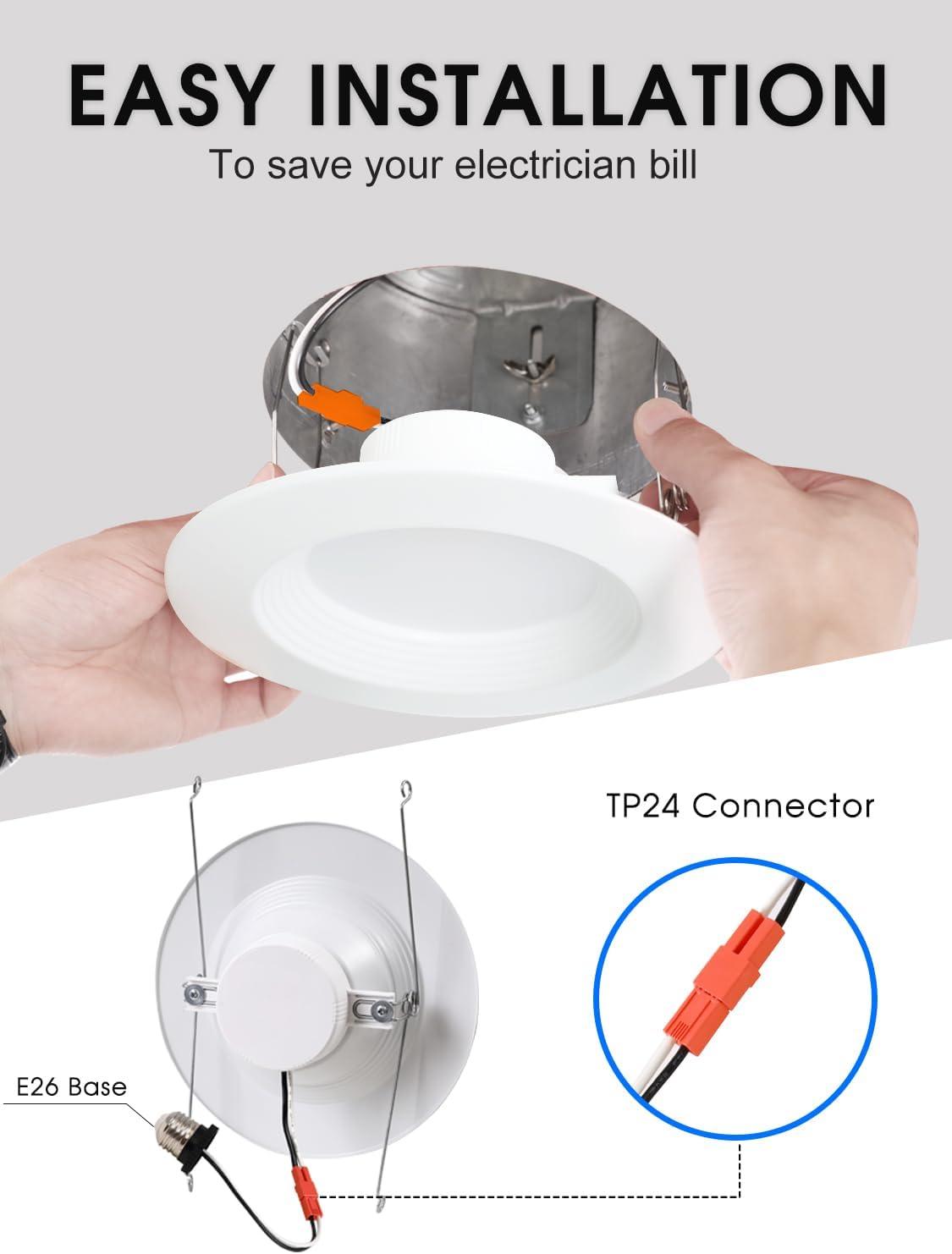 12 Pack 5/6 Inch 5CCT LED Recessed Lighting Retrofit, 2700K/3000K/4000K/5000K/6500K Selectable, Dimmable Can Lights with Baffle Trim, 12W=150W, High Brightness 1000LM, IC& Wet Rated, ETL&FCC Certified