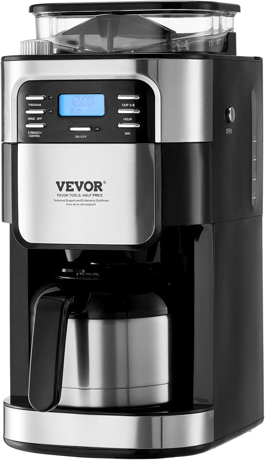 Grind and Brew Coffee Maker Machine, 8 Cup Capacity with 3 Brew Strength Options, Built in Timer for Auto Morning Brew, Ideal for Office Home Cafe, Black