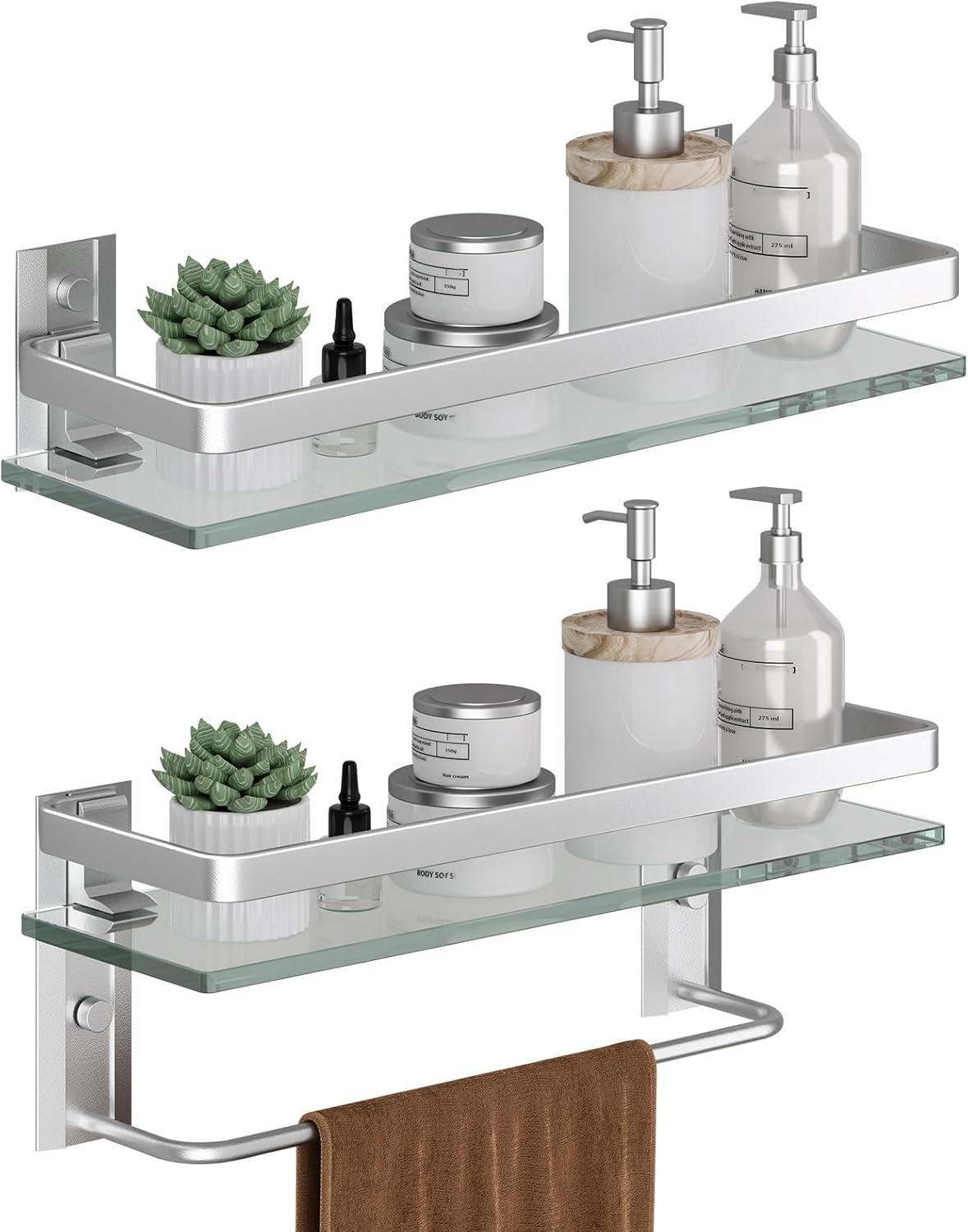 Matte Silver Bathroom Shelves Wall Mounted- Clear Tempered Glass Shelf with Towel Bar and Hand Towel Holder