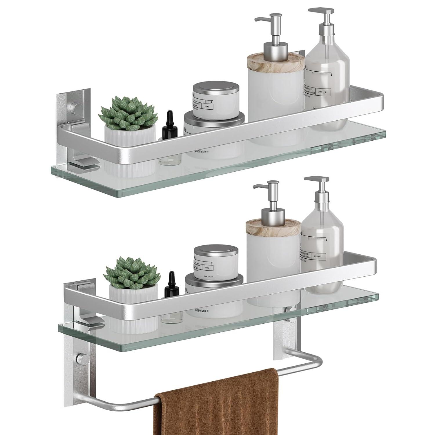 Matte Silver Bathroom Shelves Wall Mounted- Clear Tempered Glass Shelf with Towel Bar and Hand Towel Holder