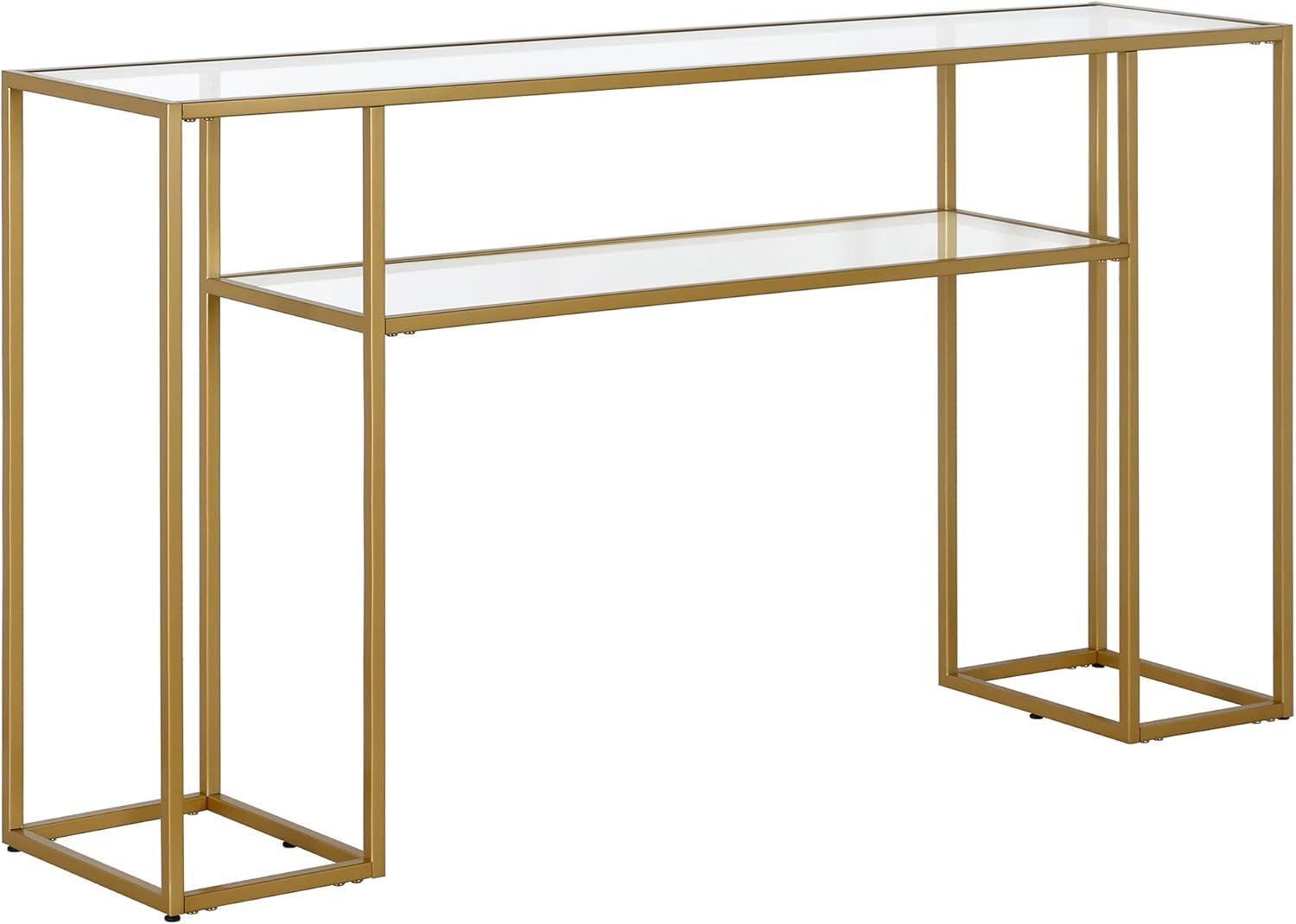 Art Deco Inspired 55" Brass & Glass Console Table with Shelf